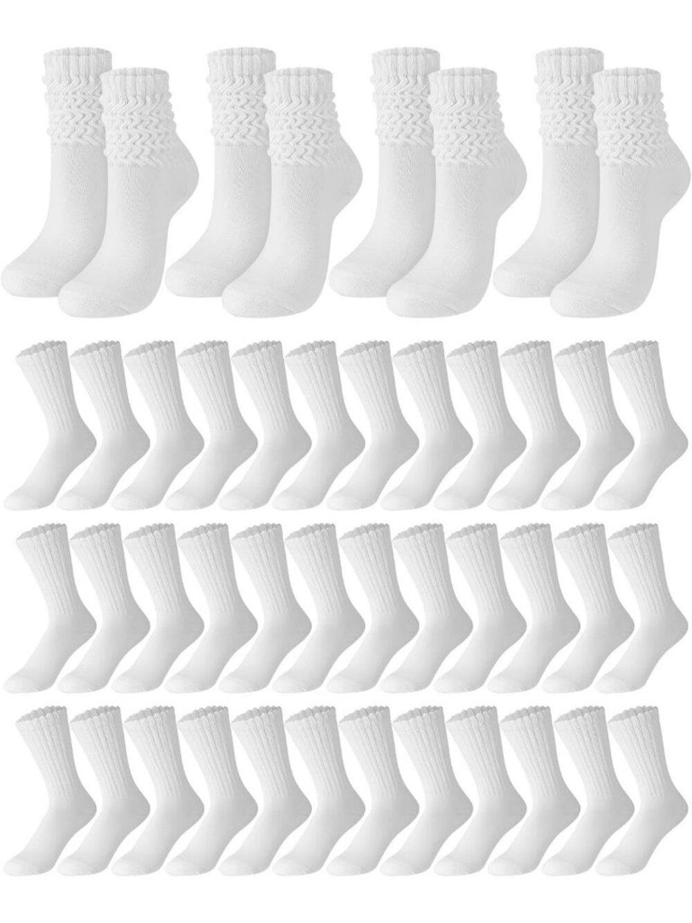 24 Pairs Women's Slouch Crew Socks - White Scrunch Knit Ribbed Fashion Socks